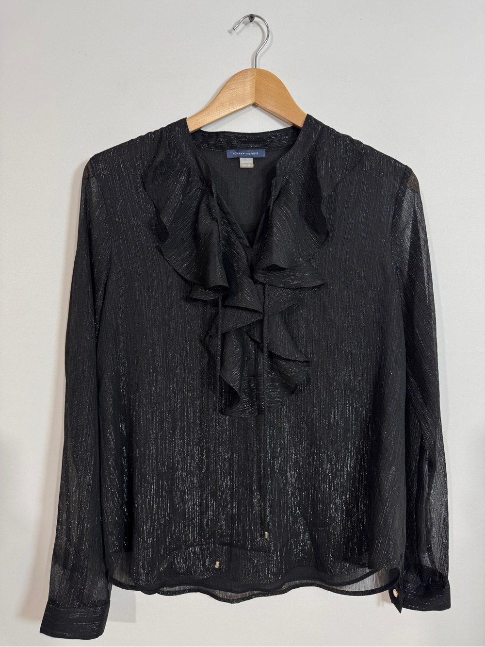 WSH130 {Tommy Hilfiger} Black Metallic Ruffle Long Sleeve Tunic Blouse Top